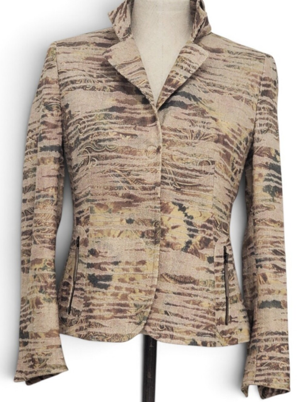 Akris Punto Swiss Linen Jacquard Blazer Jacket with Leather Accents - Size 6